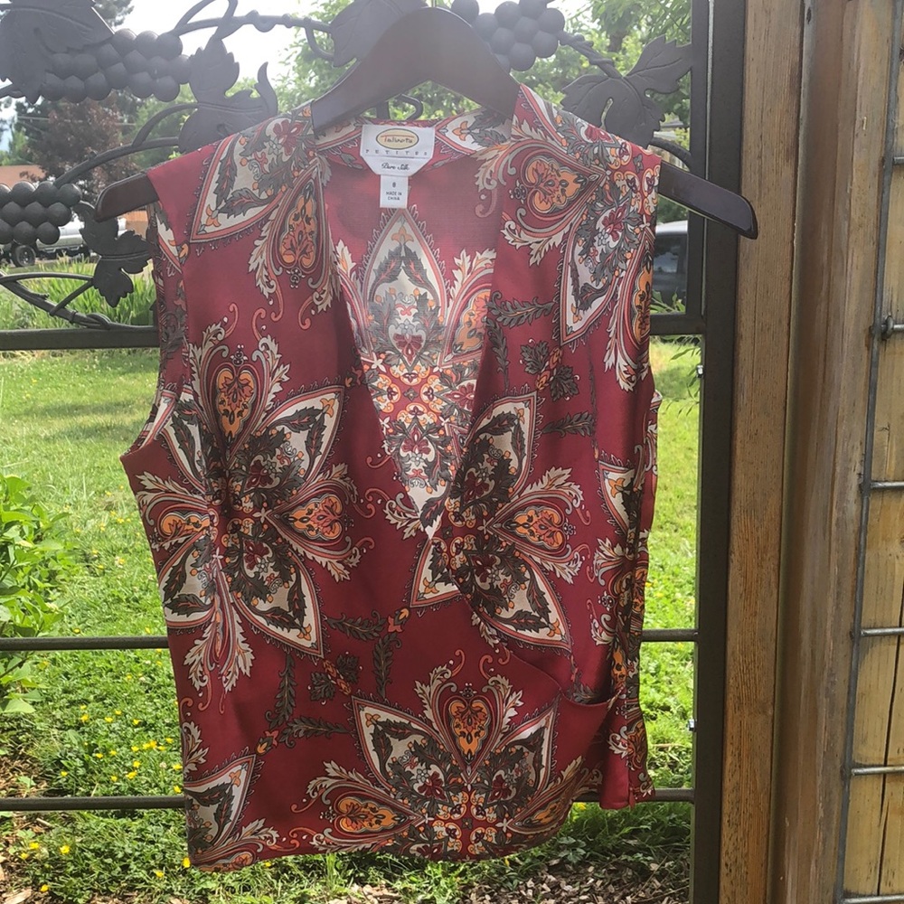 Talbots pure silk sleeveless maroon print top size 8